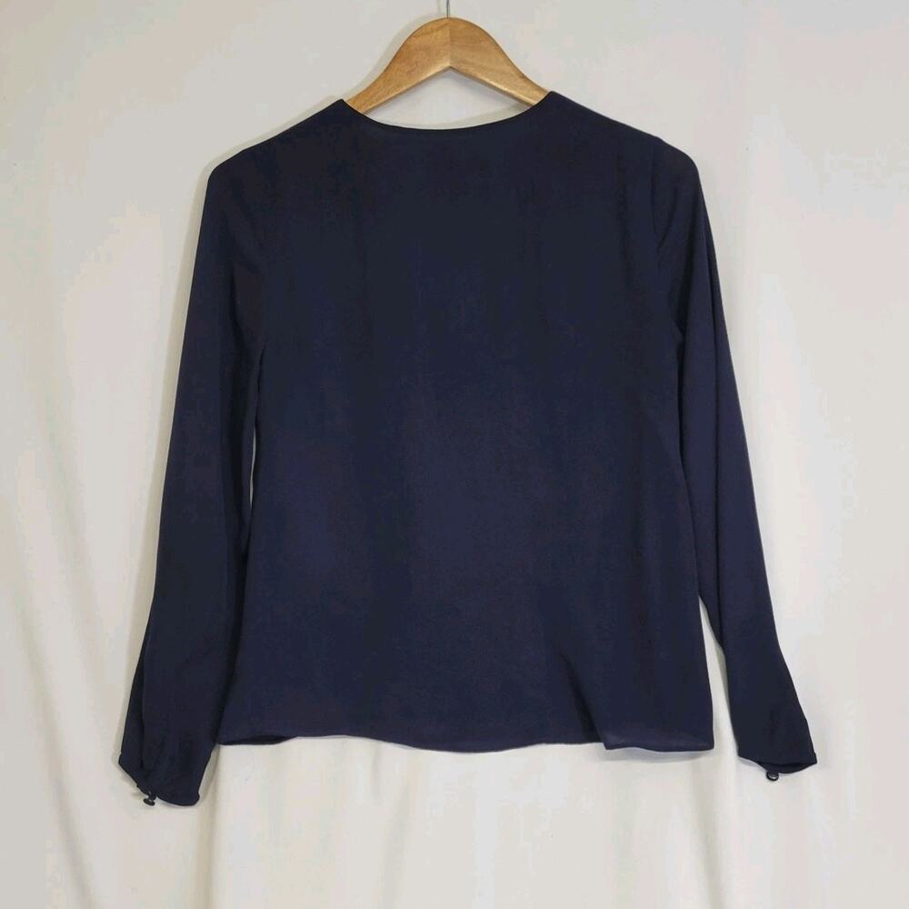 J Crew Navy Blue Silk Long Sleeve V-Neck Lined Blouse Size 00 - Picture 4 of 6